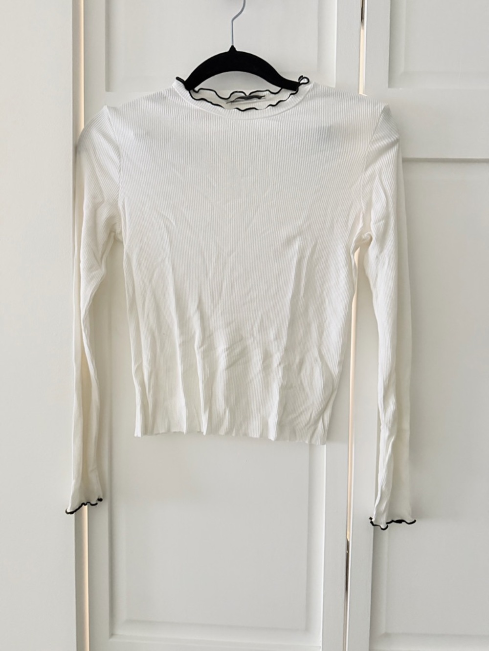 Zara White Ribbed Long Sleeve Top Size S Contrast Trim Fitted